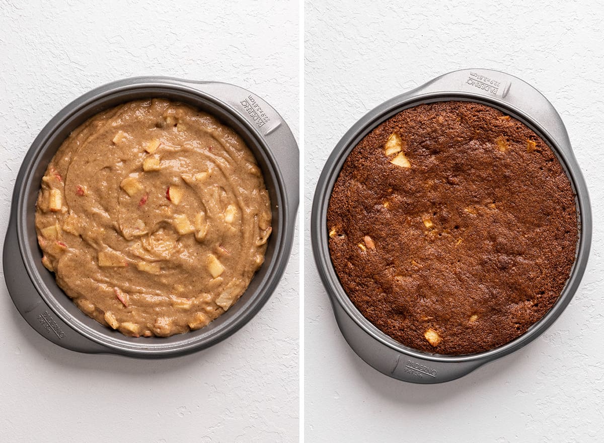 two photos showing How to Make Apple cake - in a cake pan before and after baking