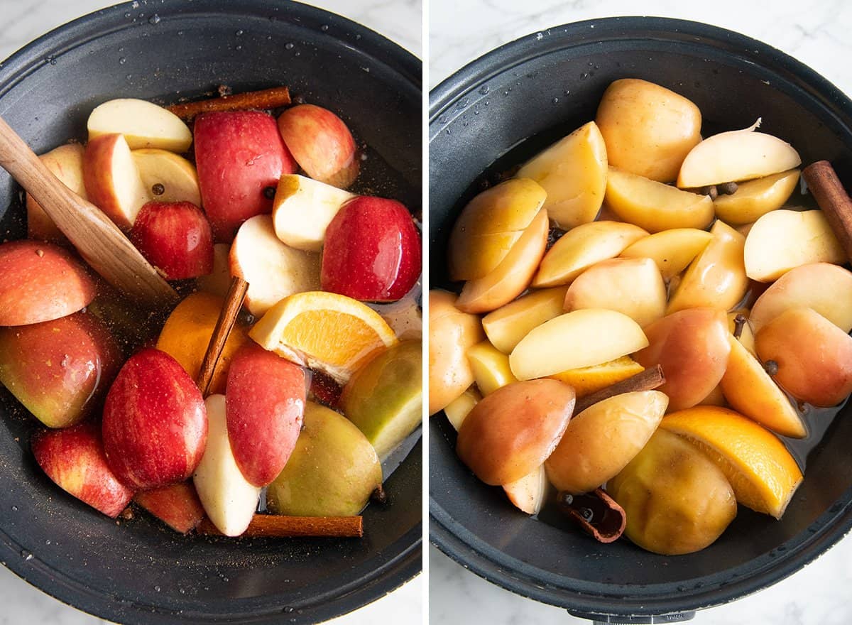 two photos showing How to Make Apple Cider - ingredients in crockpot before and after cooking