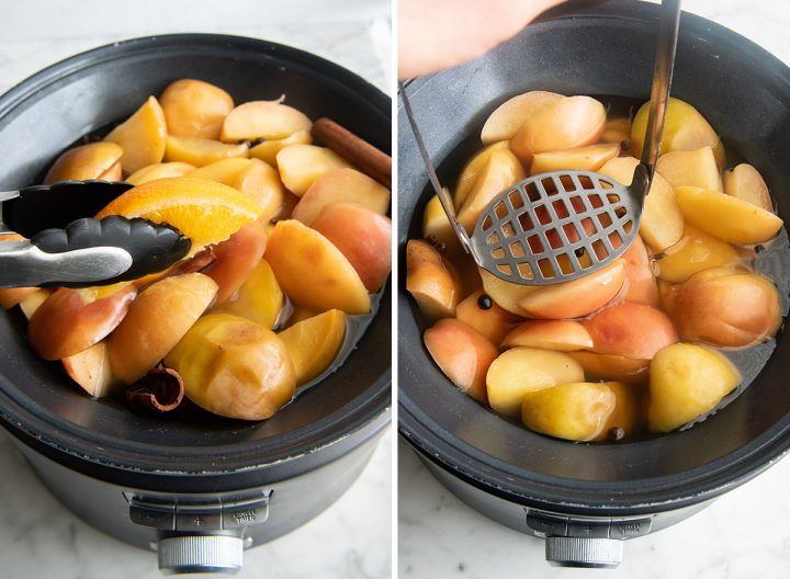 two photos showing How to Make Apple Cider - removing the oranges and mashing the apples