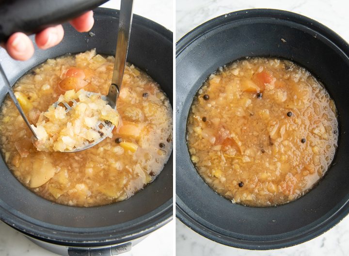 two photos showing How to Make Apple Cider - mashing the apples, and the mixture after cooking an additional hour