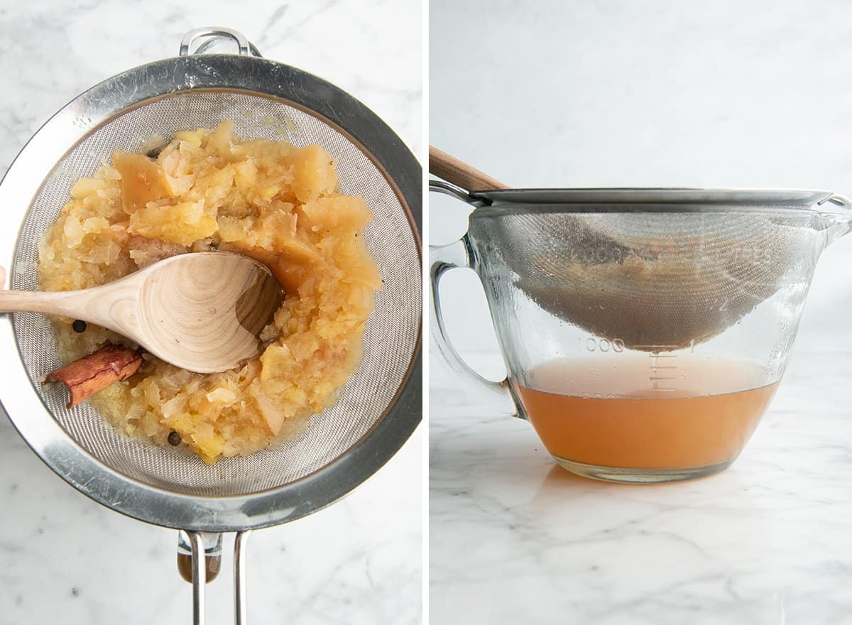 two photos showing How to Make Apple Cider - straining the cider through a fine metal sieve