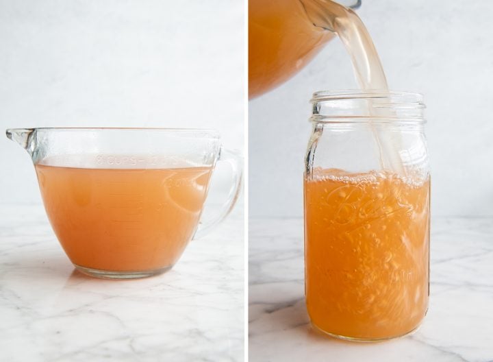 two photos showing How to Make Apple Cider - pouring cider into a glass jar
