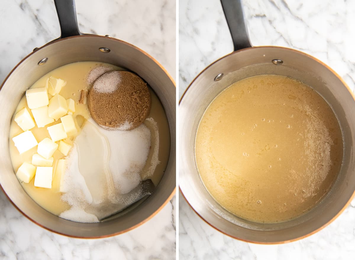 two photos showing How to Make Caramel - whisking ingredients together in a saucepan