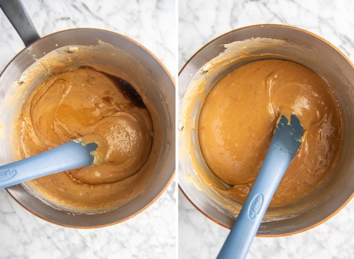 two photos showing How to Make Caramel - adding and stirring in vanilla 