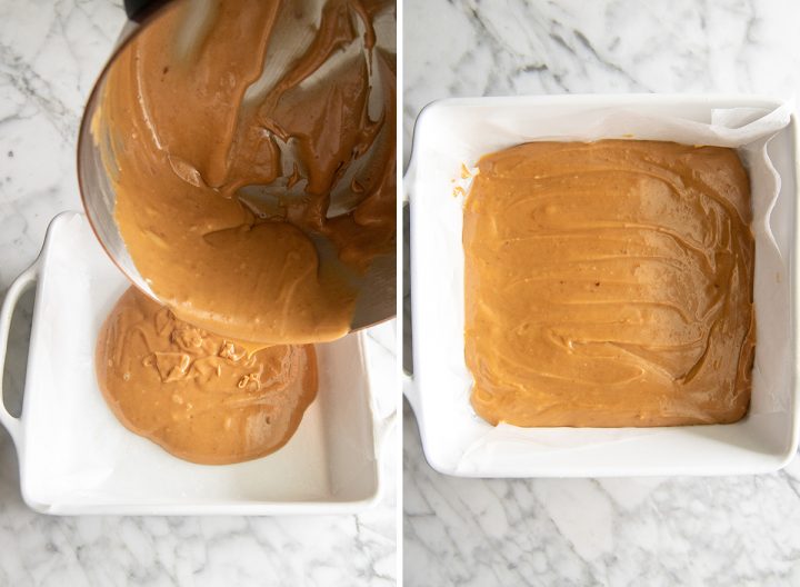 two photos showing how to make caramel - pouring the caramel into a baking dish 