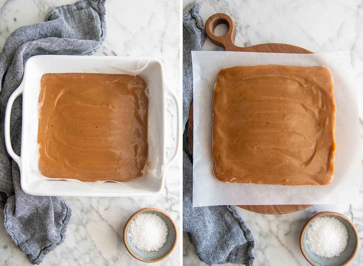 two photos showing How to Make Caramel after it has chilled in and out of the baking dish 