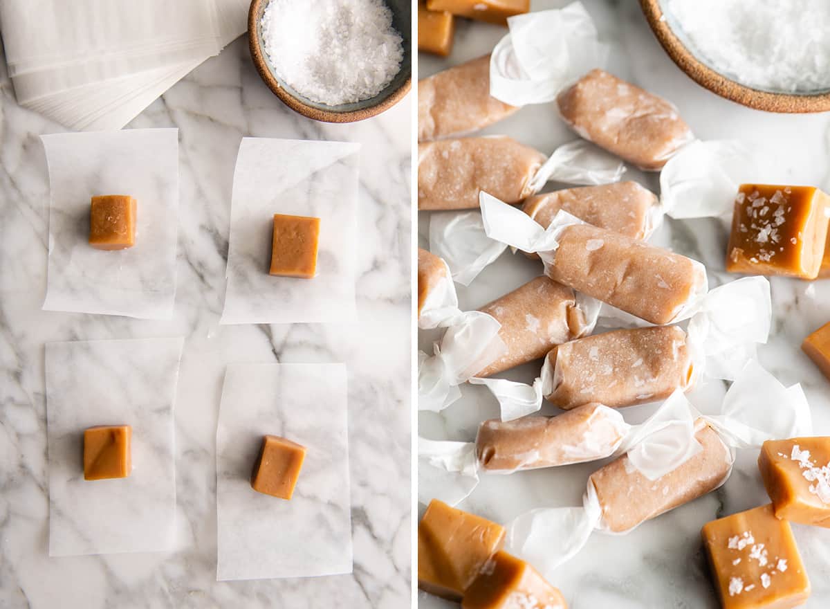 two photos showing How to Make Caramel - wrapping it in wax paper