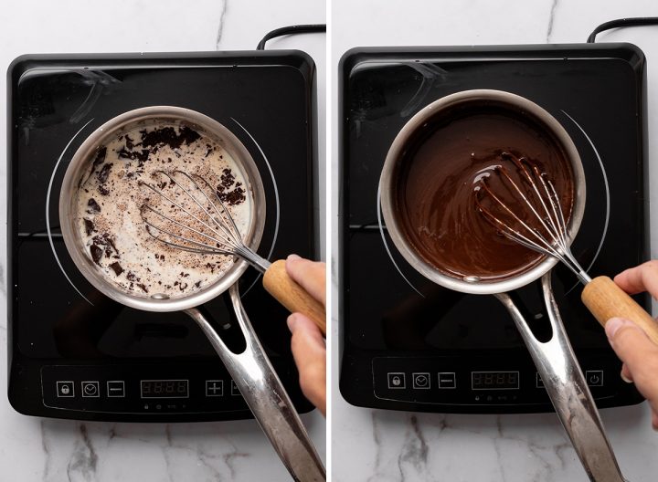 two photos showing How to Make Chocolate Ganache in a saucepan