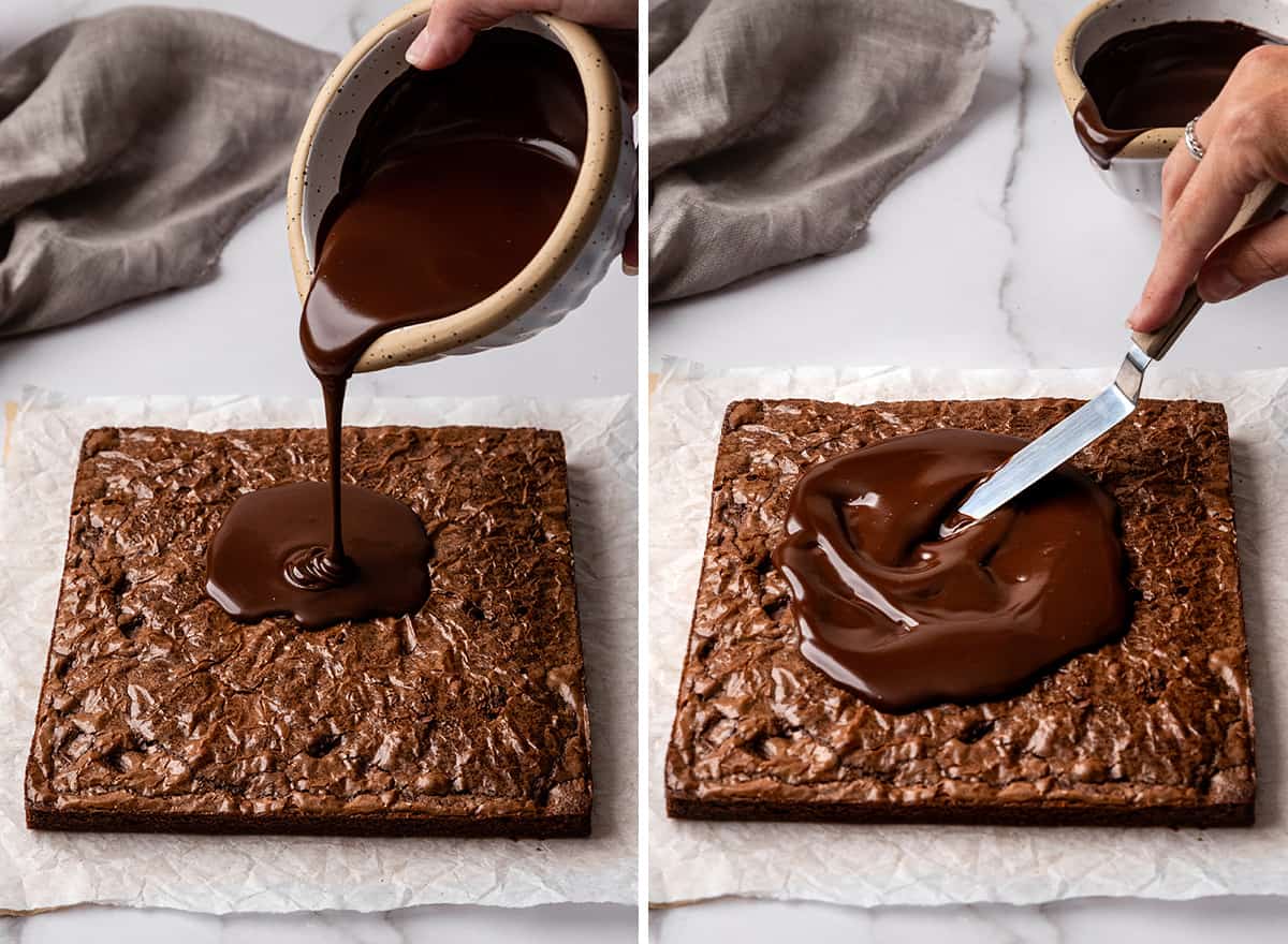 two photos showing pouring and spreading chocolate ganache over brownies