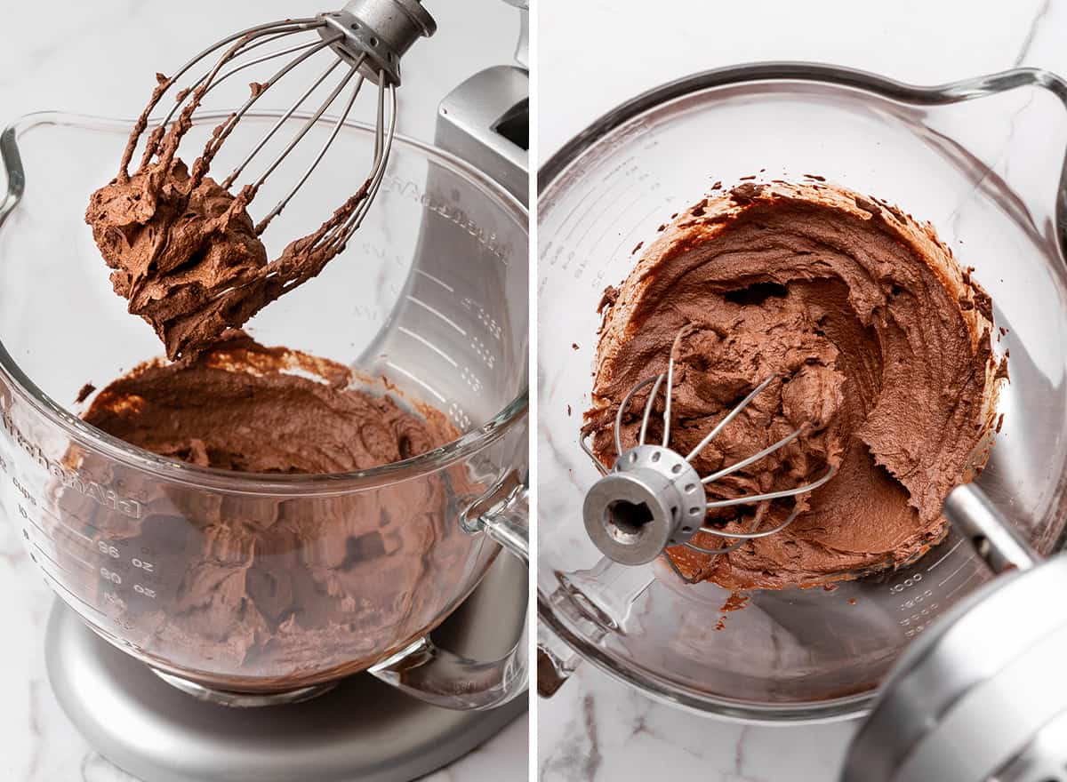 two photos showing how to make whipped chocolate ganache