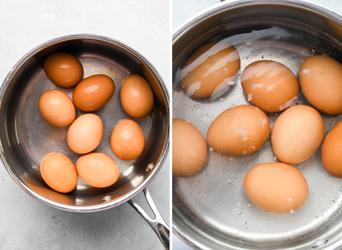two photos showing how to boil eggs for deviled eggs