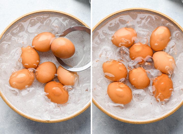 two photos showing boiled eggs being put into an ice water bath