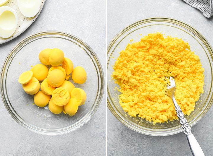 two photos showing How to Make Deviled Eggs - mashing the yolks