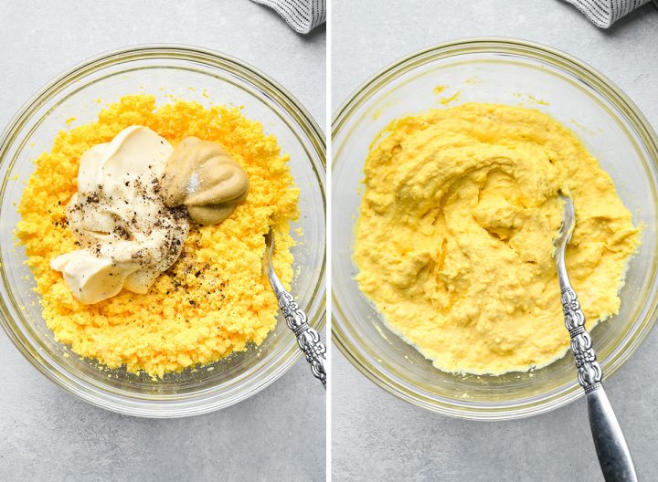 two photos showing How to Make Deviled Eggs - combining the yolks and wet ingredients