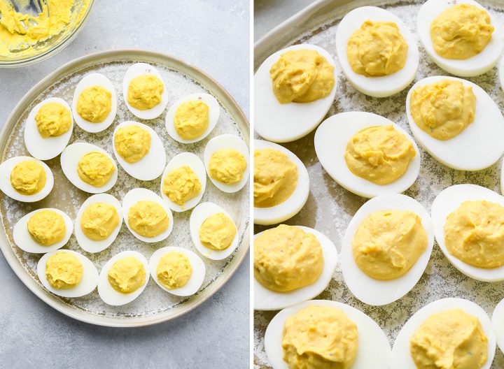 two photos showing how to assemble deviled eggs