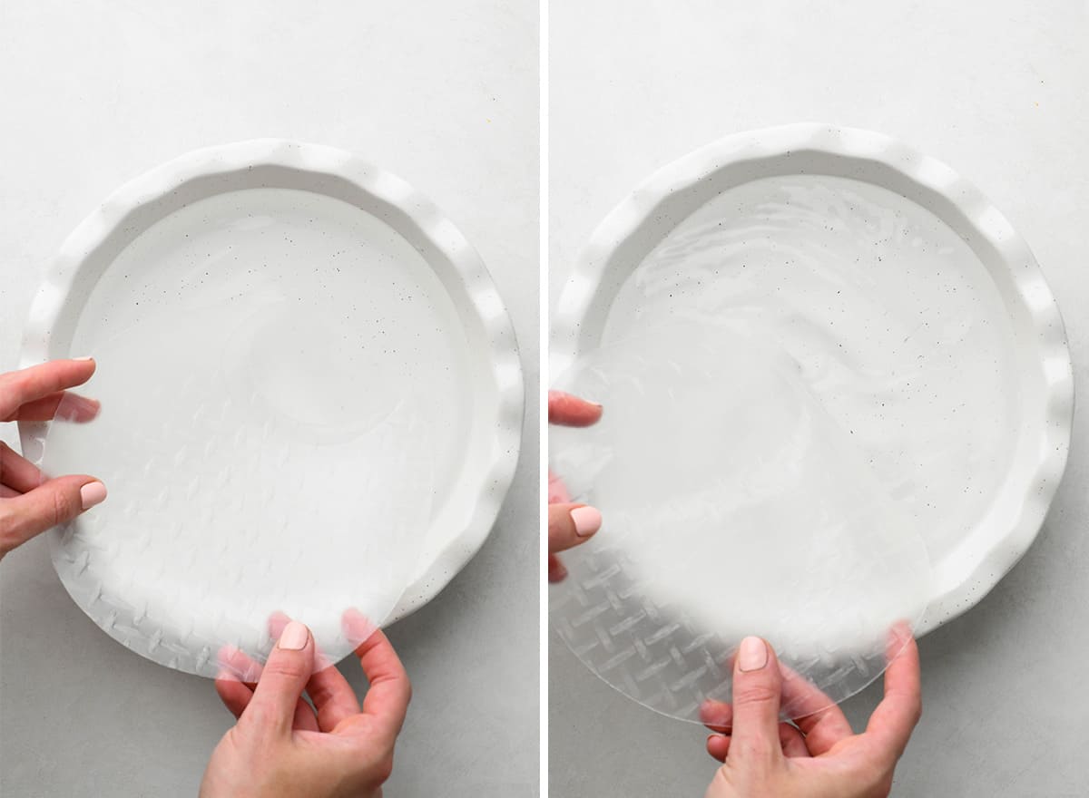 two photos showing How to Make Spring Rolls - dipping the wrapper in water