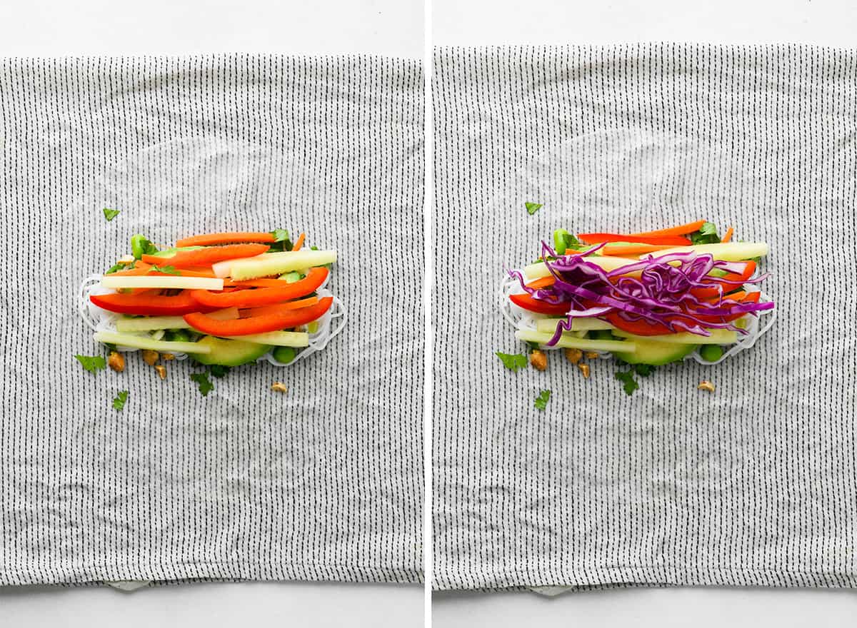 two photos showing How to Make Spring Rolls - filling with vegetables