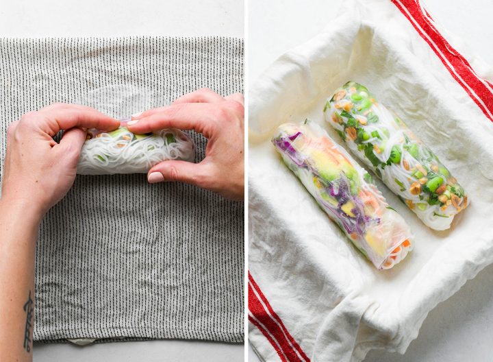 two photos showing How to Make Spring Rolls - wrapping and rolling the spring rolls