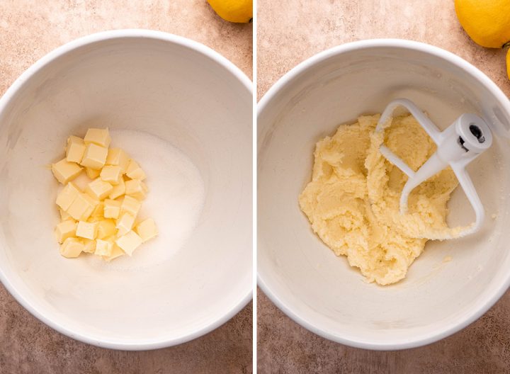 two photos showing how to make this Lemon Cookies Recipe - creaming butter and sugar