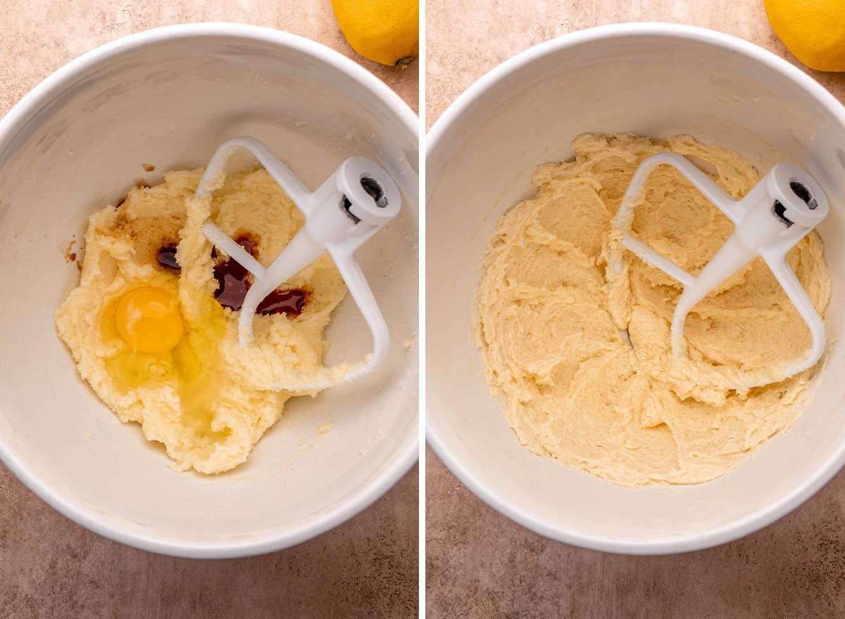 two photos showing how to make this Lemon Cookies Recipe - adding egg and vanilla