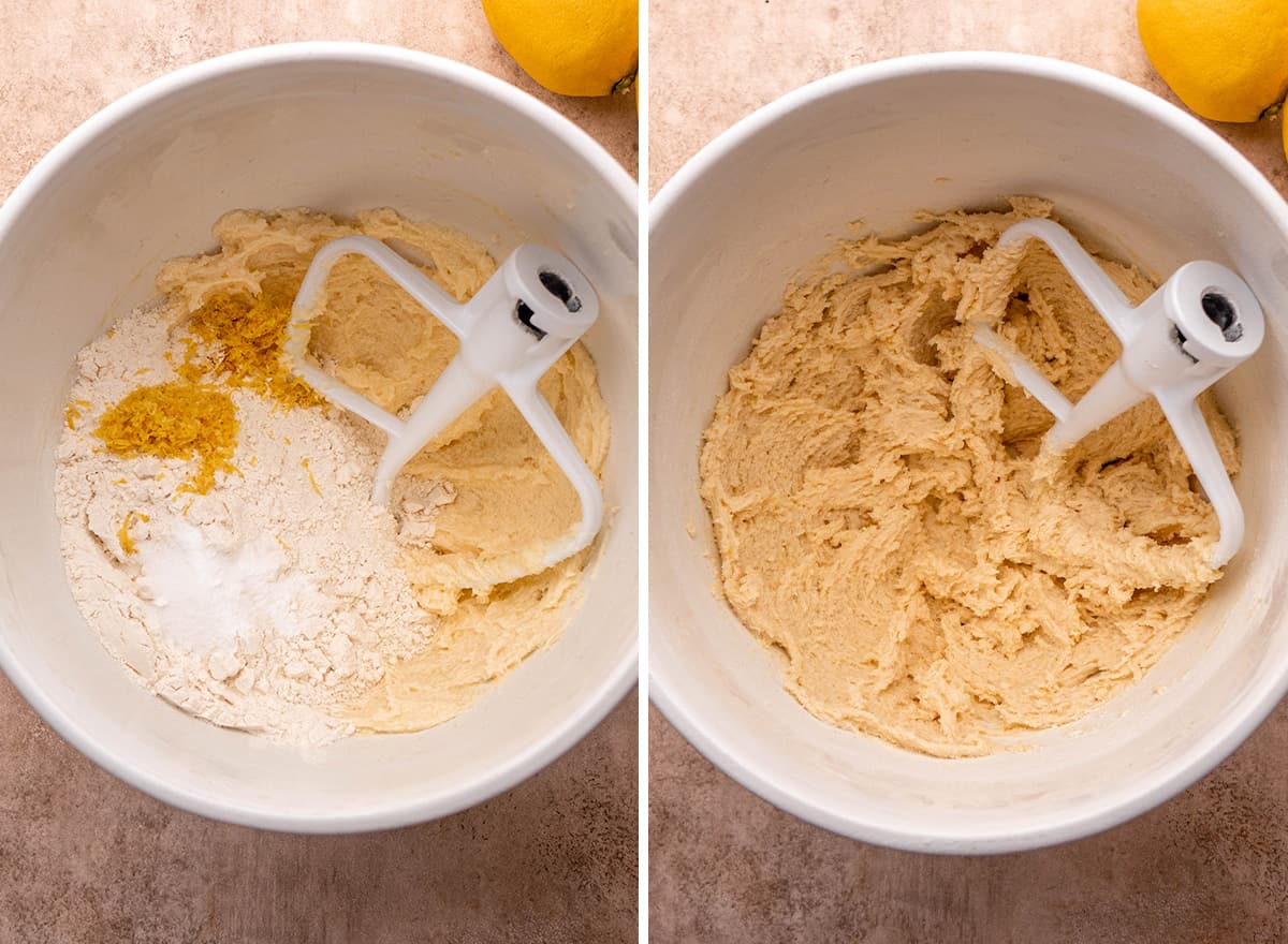two photos showing how to make this Lemon Cookies Recipe - adding dry ingredients