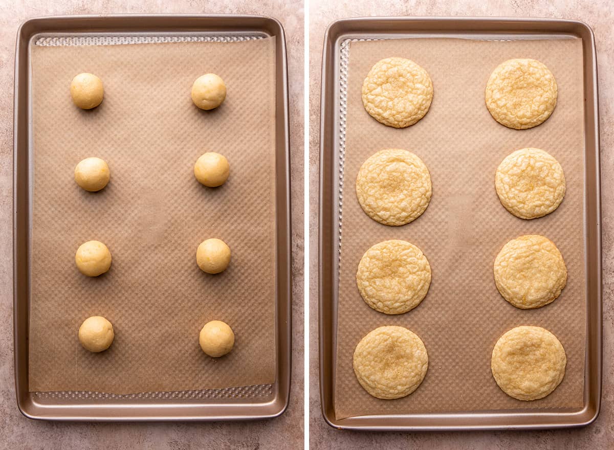 lemon cookies on a baking sheet before and after baking