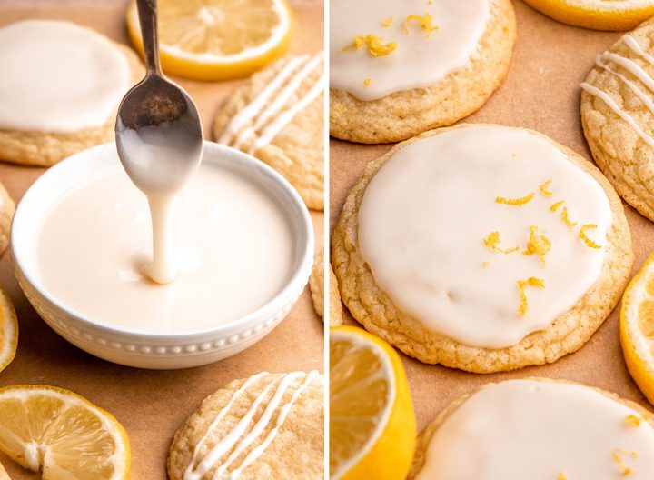 two photos showing how to glaze lemon cookies