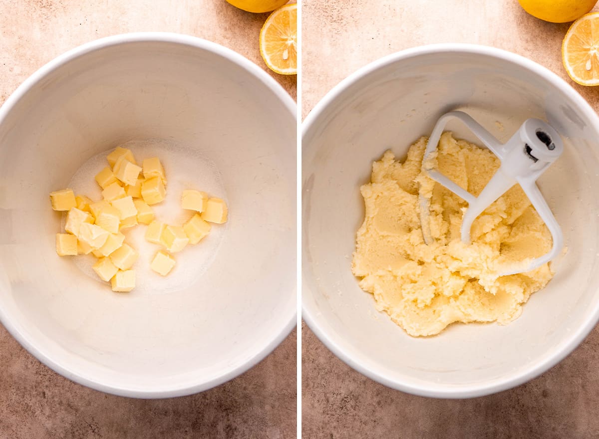 two photos showing how to make Lemon Poppy Seed Bread - beating butter and sugar