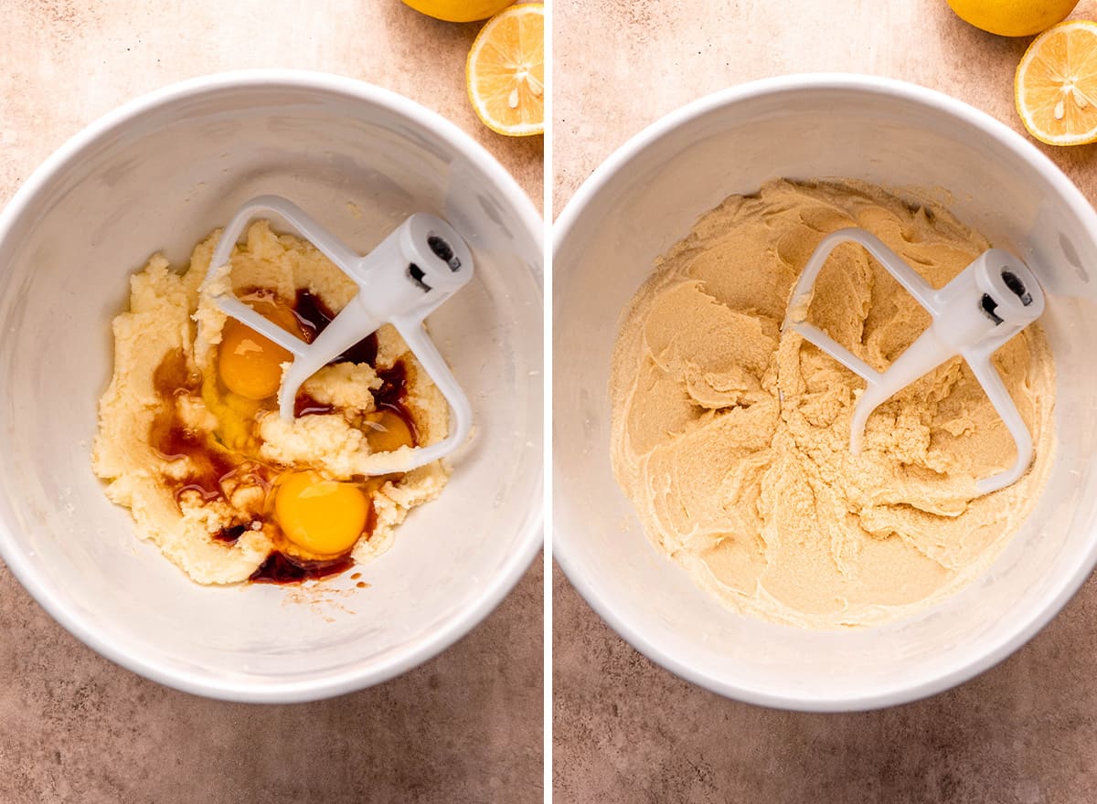 two photos showing how to make Lemon Poppy Seed Bread - adding eggs and vanilla