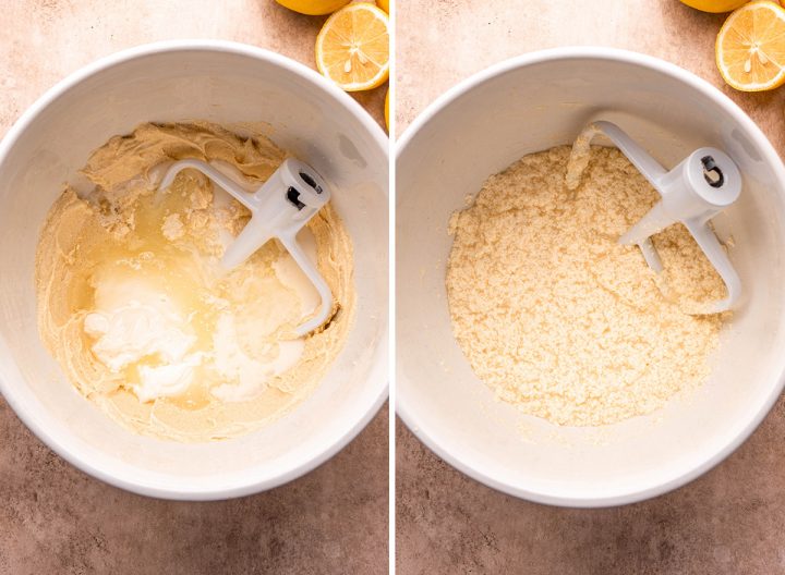 two photos showing how to make Lemon Poppy Seed Bread - adding sour cream and lemon juice