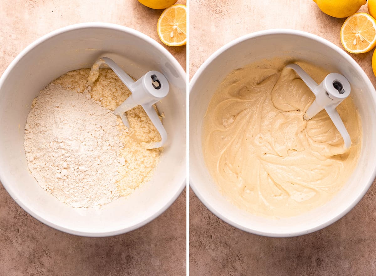 two photos showing how to make Lemon Poppy Seed Bread - combining wet and dry ingredients