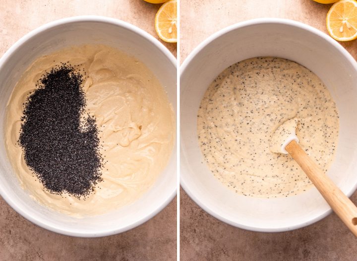 two photos showing how to make Lemon Poppy Seed Bread - stirring in poppy seeds