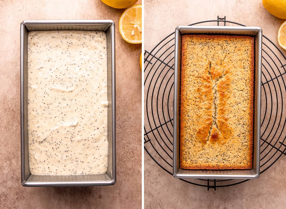 lemon poppy seed loaf in the pan before and after baking