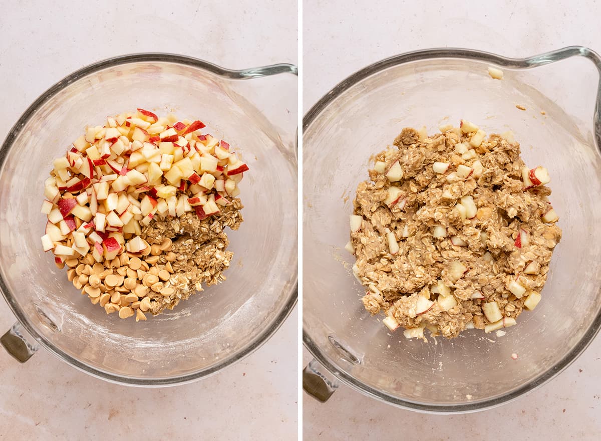 two photos showing How to Make Apple Cookies - adding apples