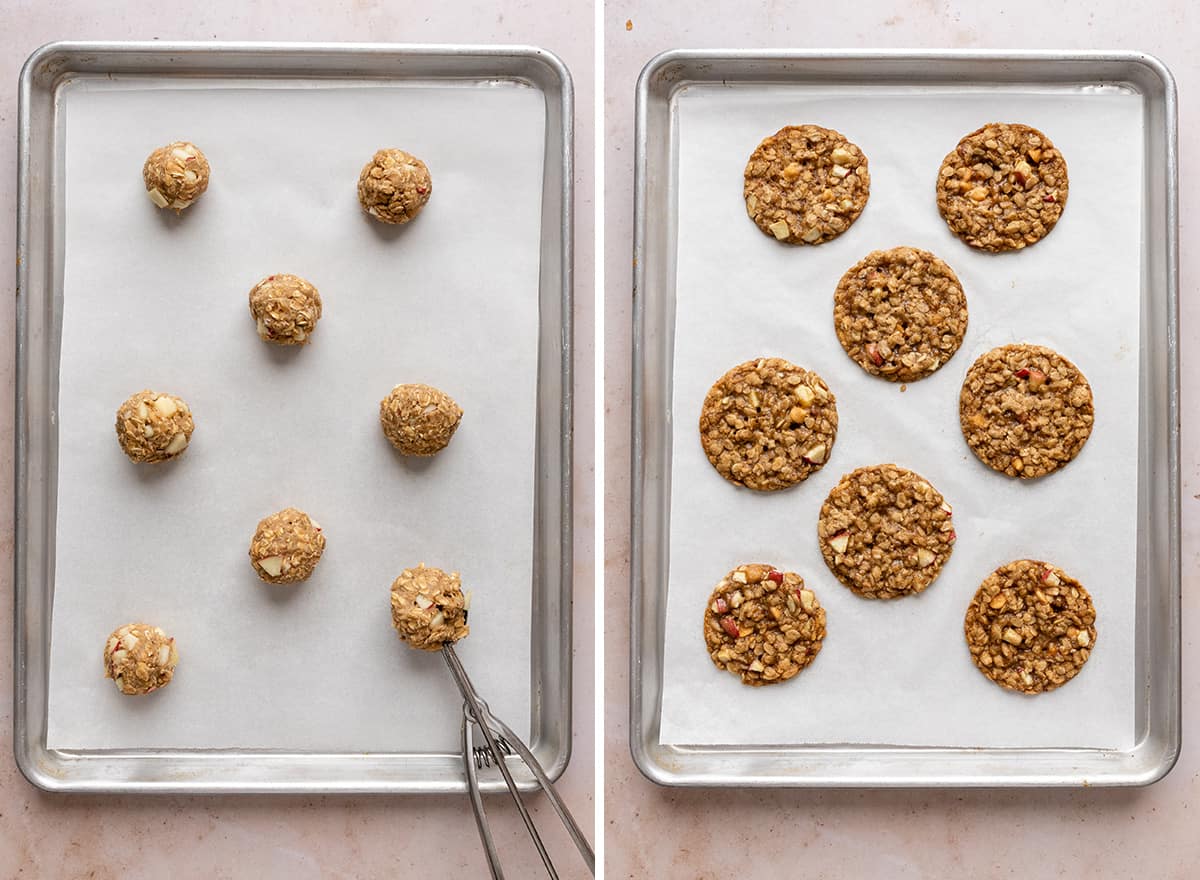 apple cookie dough on a baking sheet before and after baking