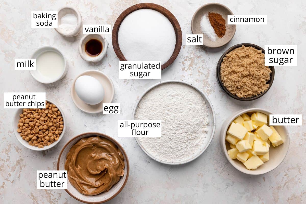 overhead view of the ingredients in this Peanut Butter Cookie Bars recipe