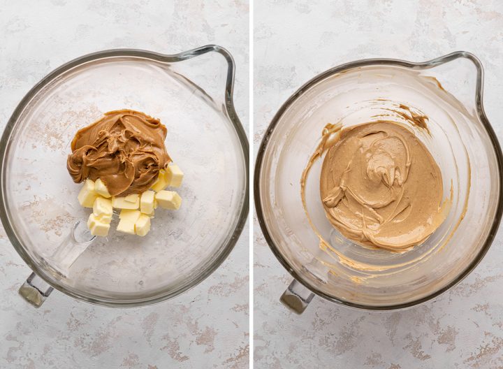 two photos showing how to make Peanut Butter Cookie Bars -  beating butter and peanut butter