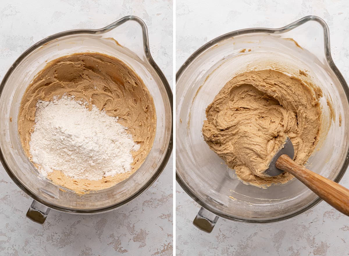 two photos showing how to make Peanut Butter Cookie Bars - combining wet and dry ingredients