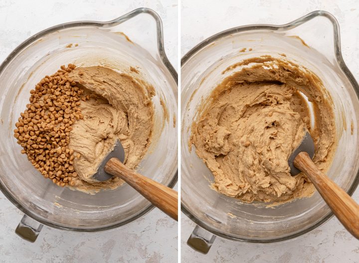 two photos showing how to make Peanut Butter Cookie Bars - adding peanut butter chips