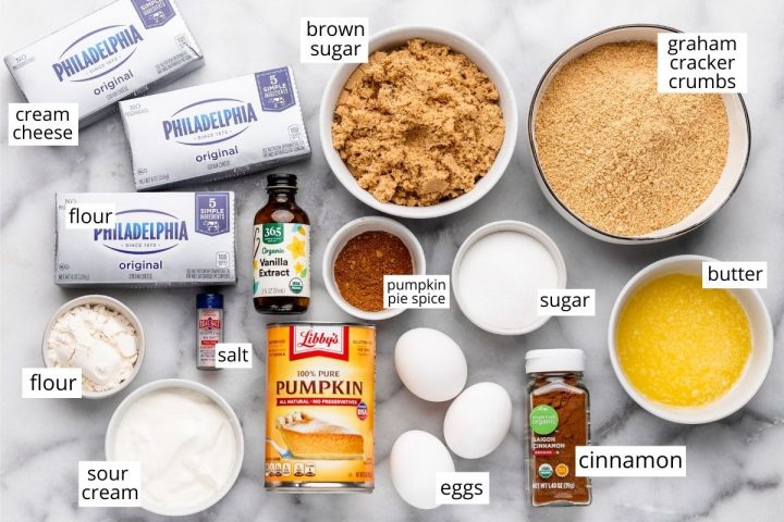 overhead view of the ingredients in this Pumpkin Cheesecake Recipe