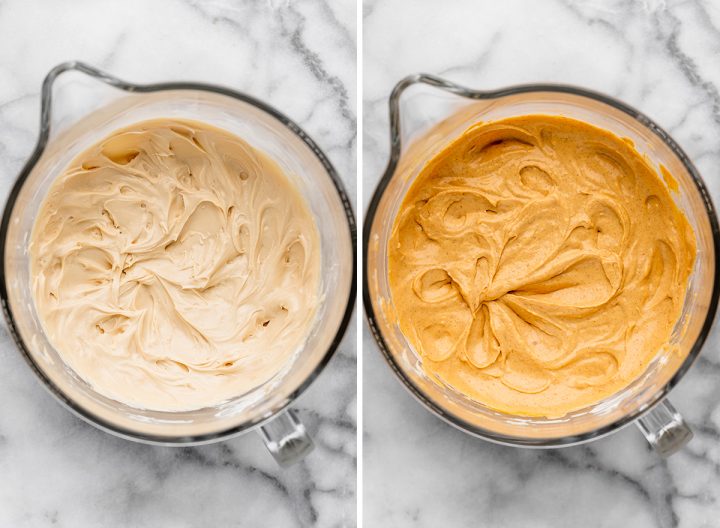 two photos showing how to make pumpkin cheesecake filling