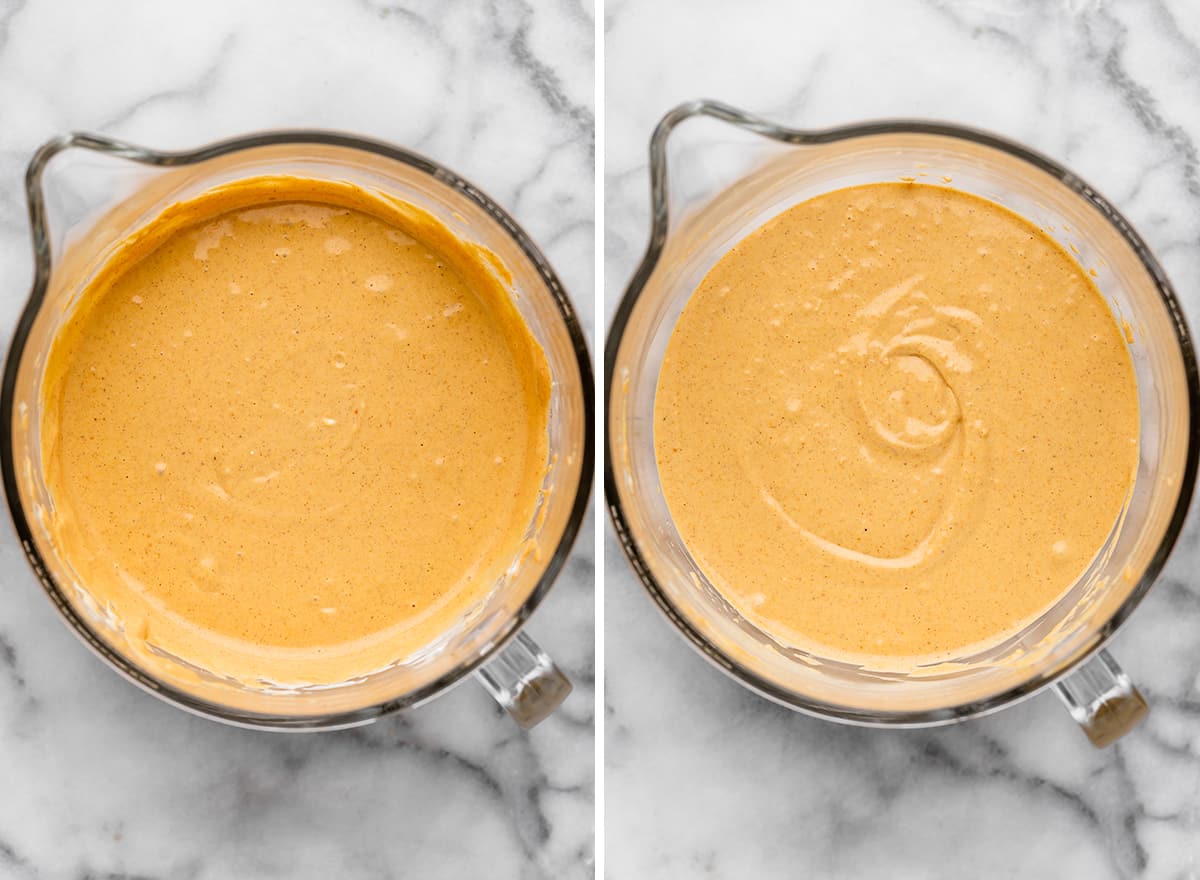 two photos showing how to make pumpkin cheesecake filling