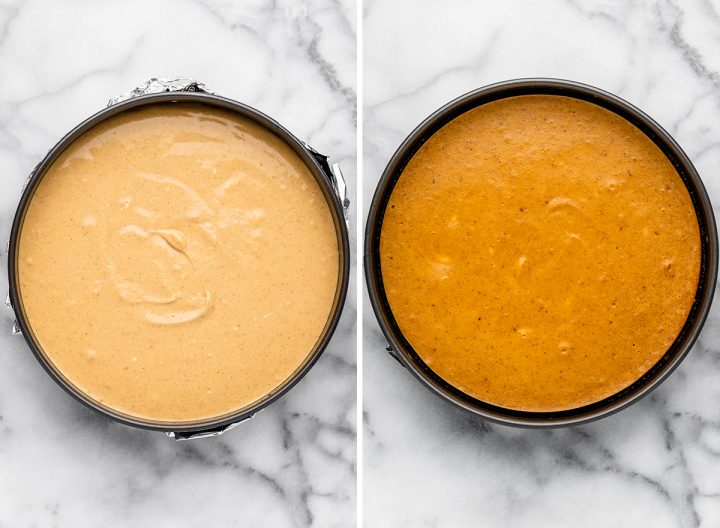 two photos showing how to make pumpkin cheesecake - before and after baking