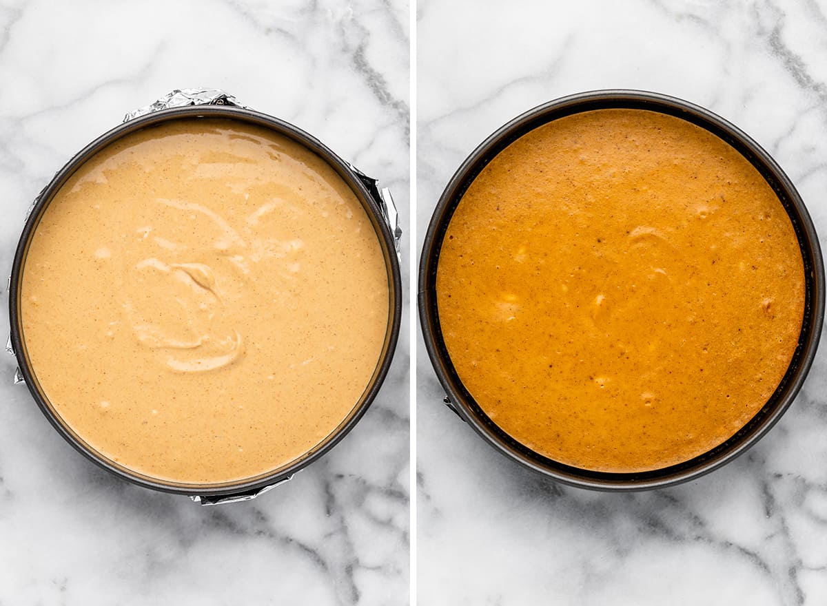 two photos showing how to make pumpkin cheesecake - before and after baking