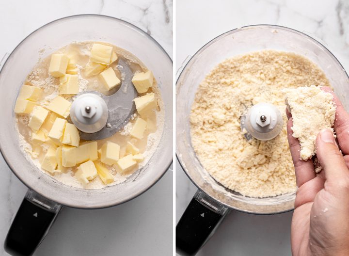 two photos showing how to make a savory galette - making the dough