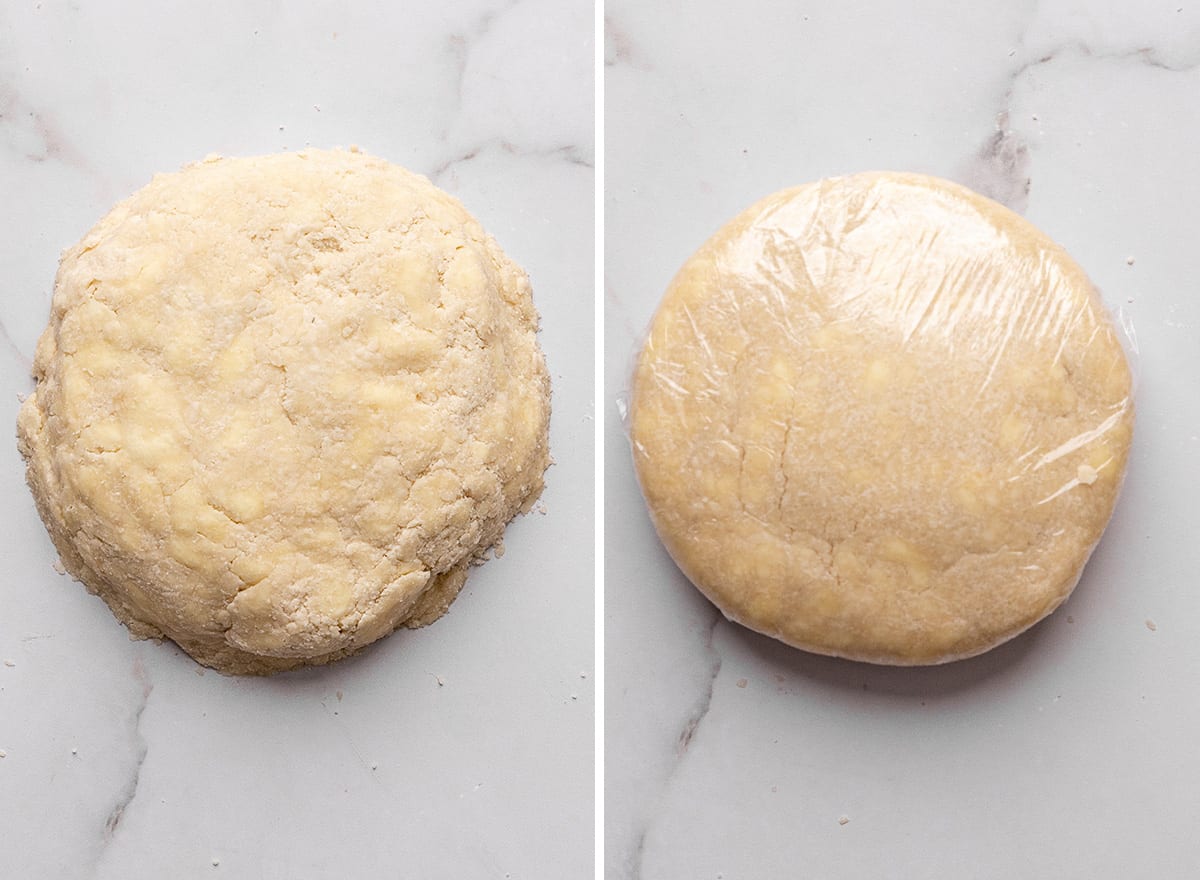 two photos showing how to make a savory galette - making the dough
