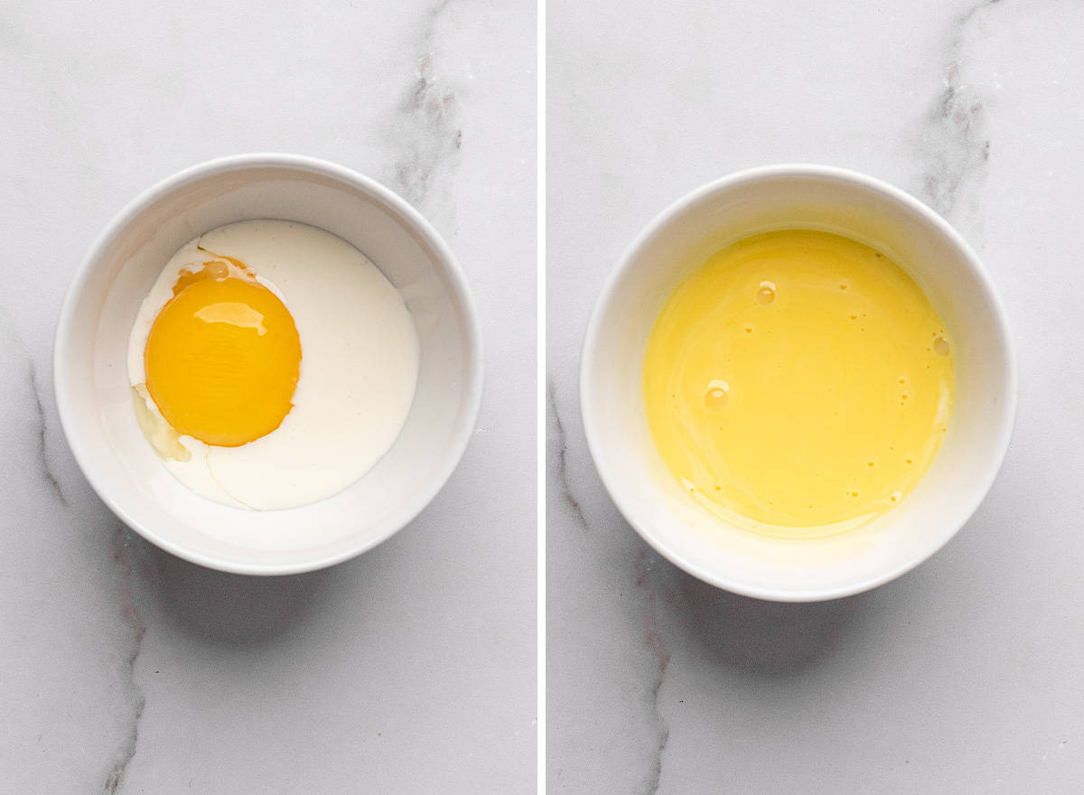 two photos showing how to make an egg wash for galette