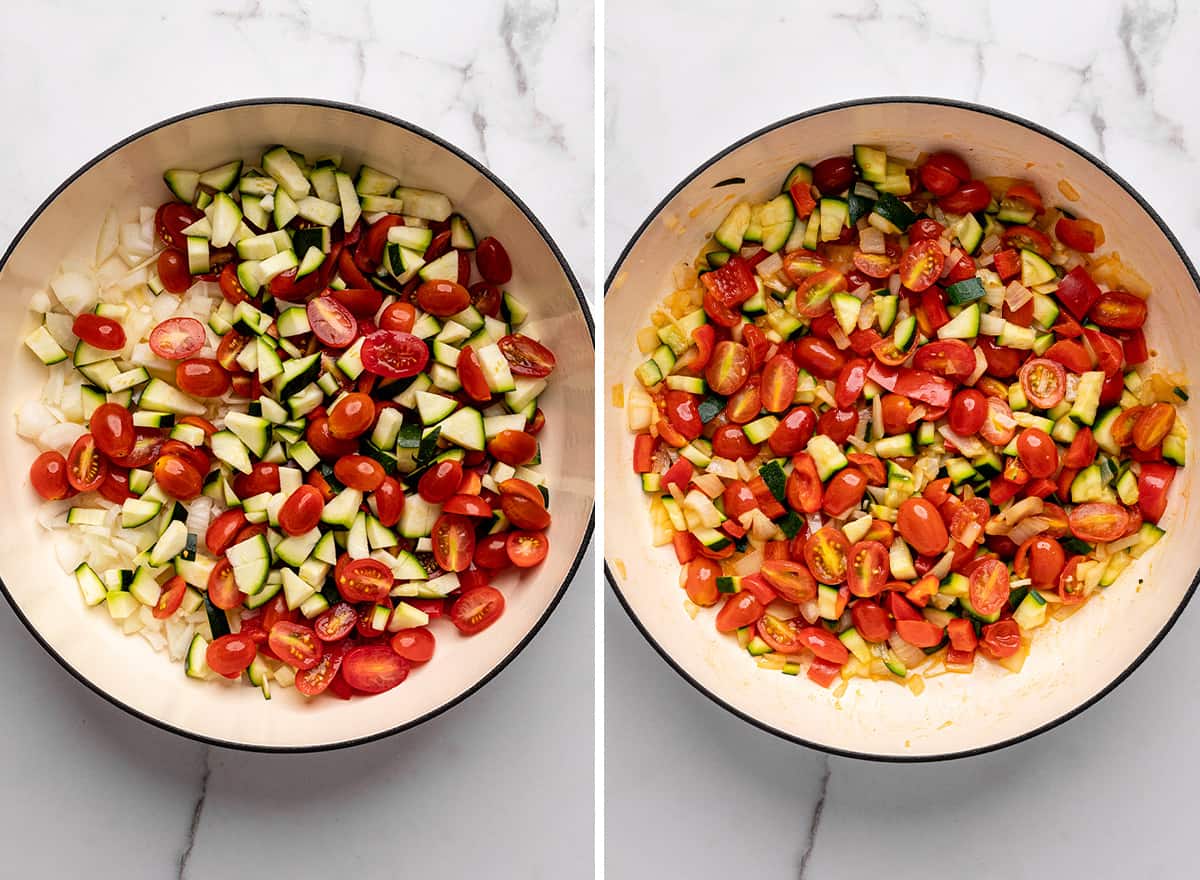 two photos showing how to make the vegetable filling for a savory galette - cooking the vegetables