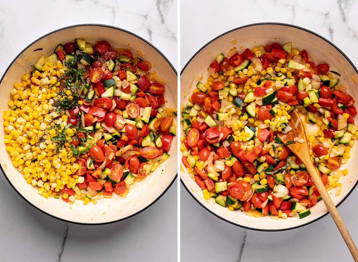two photos showing how to make the vegetable filling for a savory galette - adding corn and herbs