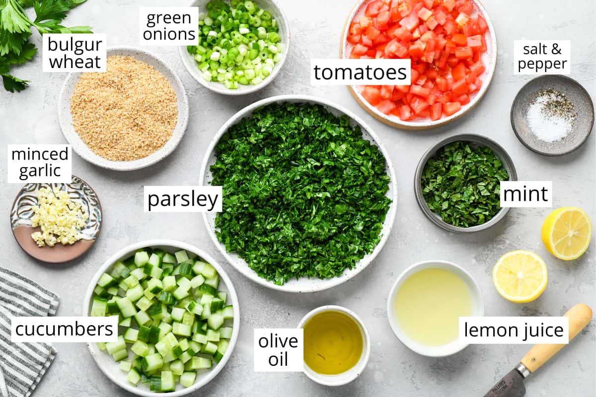 overhead photo of the ingredients in this tabouli recipe
